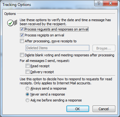 Tracking Options in Microsoft Outlook — Adjust the open tracking option to prevent read and delivery tracking.
