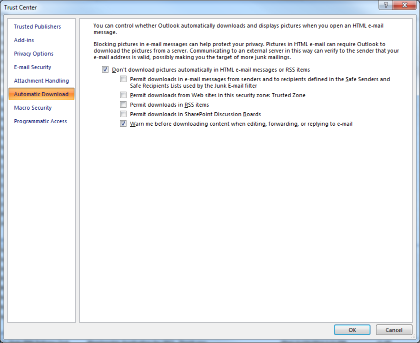 Trust Center in Microsoft Outlook — Adjust trust or security option to specify blocking downloads.