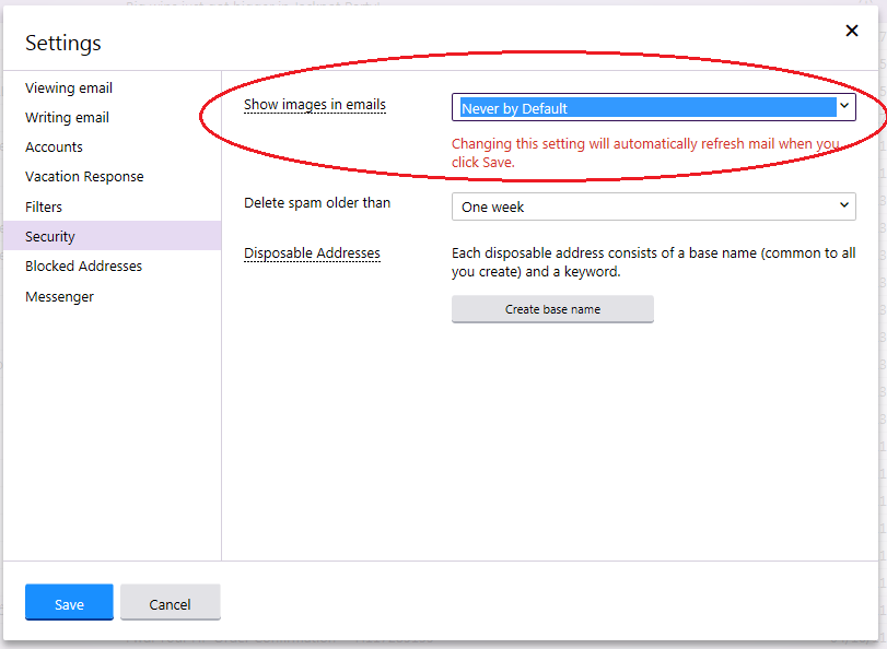 Yahoo eMail Settings Dialog — Adjust the selection as shown and remember to save the settings.