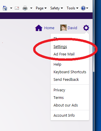 Yahoo eMail Settings Invocation — Enter settings by clicking here.