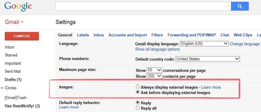 Gmail Settings — Enter the settings dialog and set the radio button to ASK, then save your settings.